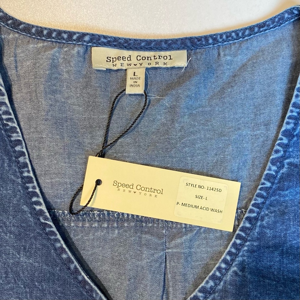 Speed Control New York Womens Blue Denim Roll Tab Sleeve Shirt Dress Size L NWT - Picture 3 of 8